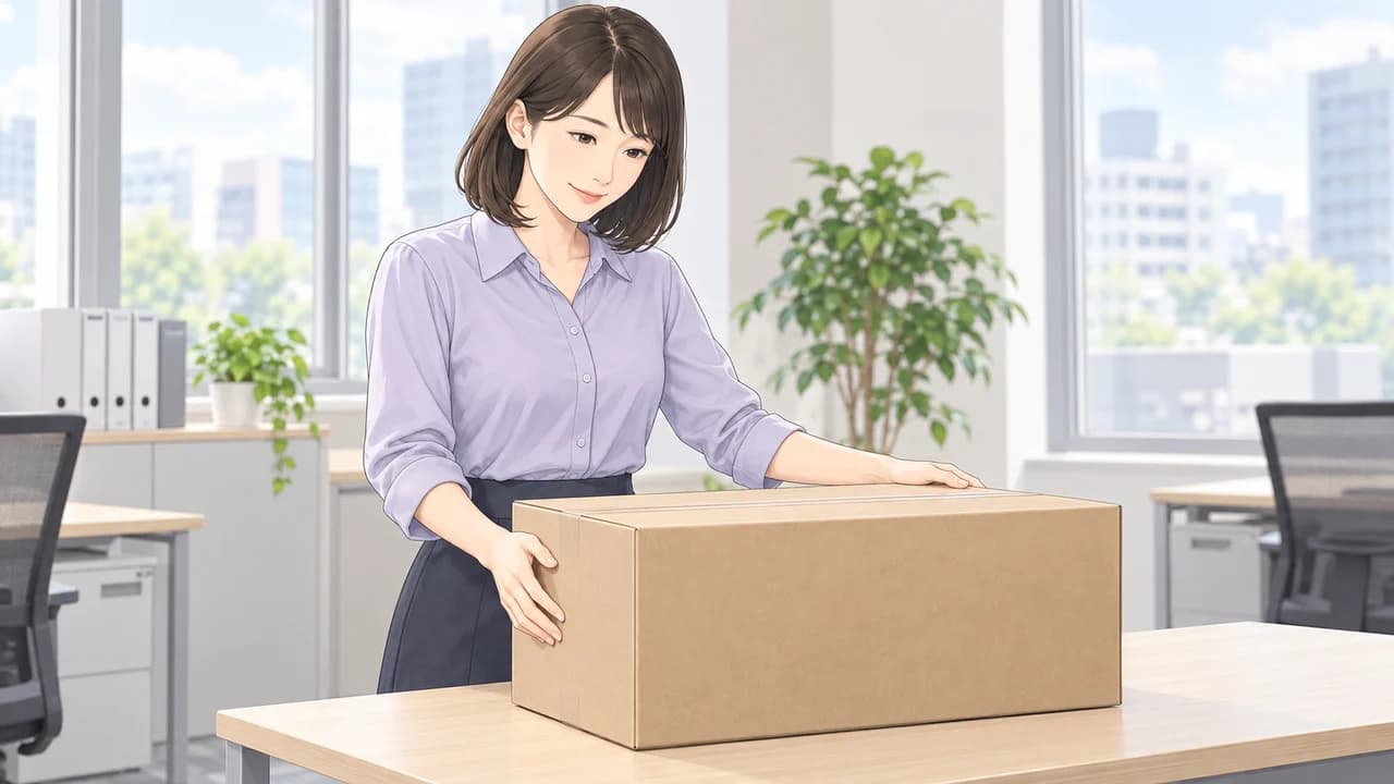 購入担当者が、届いたモニターの未開封の箱を受け取る場面。配送された荷物の一部を描写
