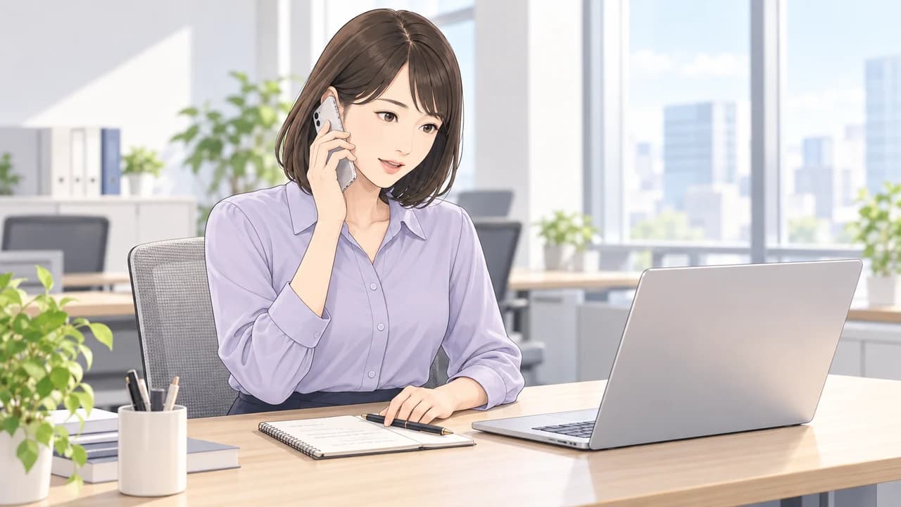 ラベンダー色のブラウスの購入担当者が、電話で価格と納期を問い合わせている場面