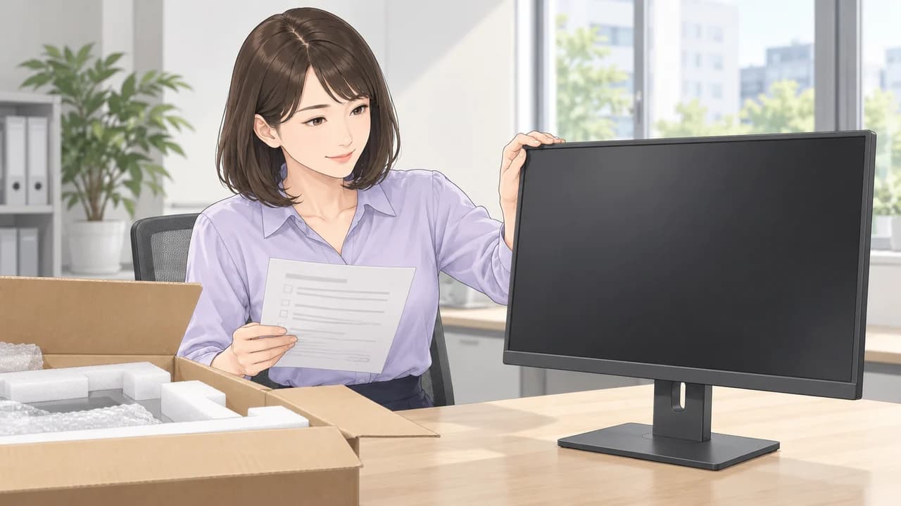 購入担当者が開封したモニターの機種や状態を記録と照らし合わせて確かめる場面。商品の一部を描写