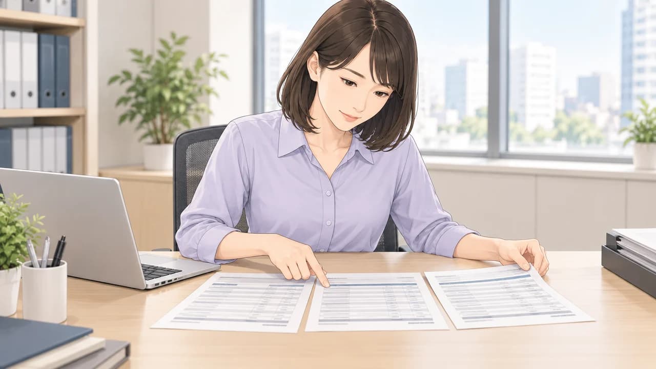 購入担当者が請求書と注文・納品の記録を並べて内容を照合する場面