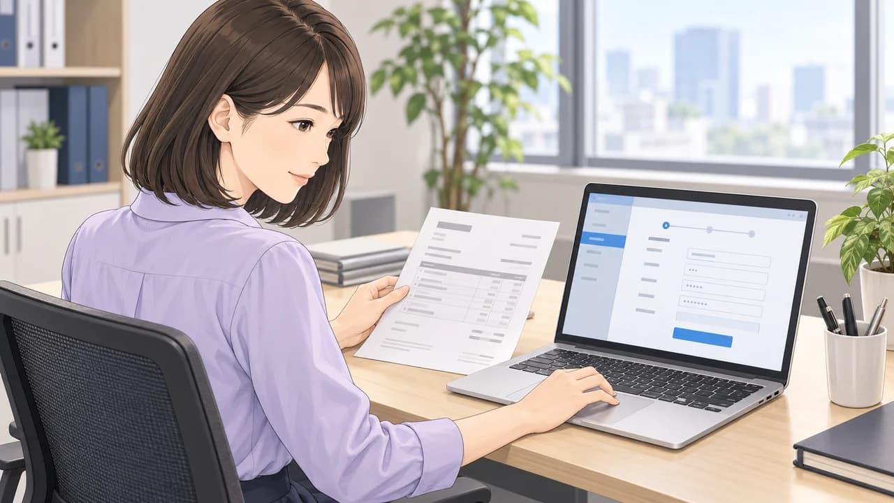 購入担当者が確認した請求内容をもとに、パソコンから銀行振込で代金を支払う場面