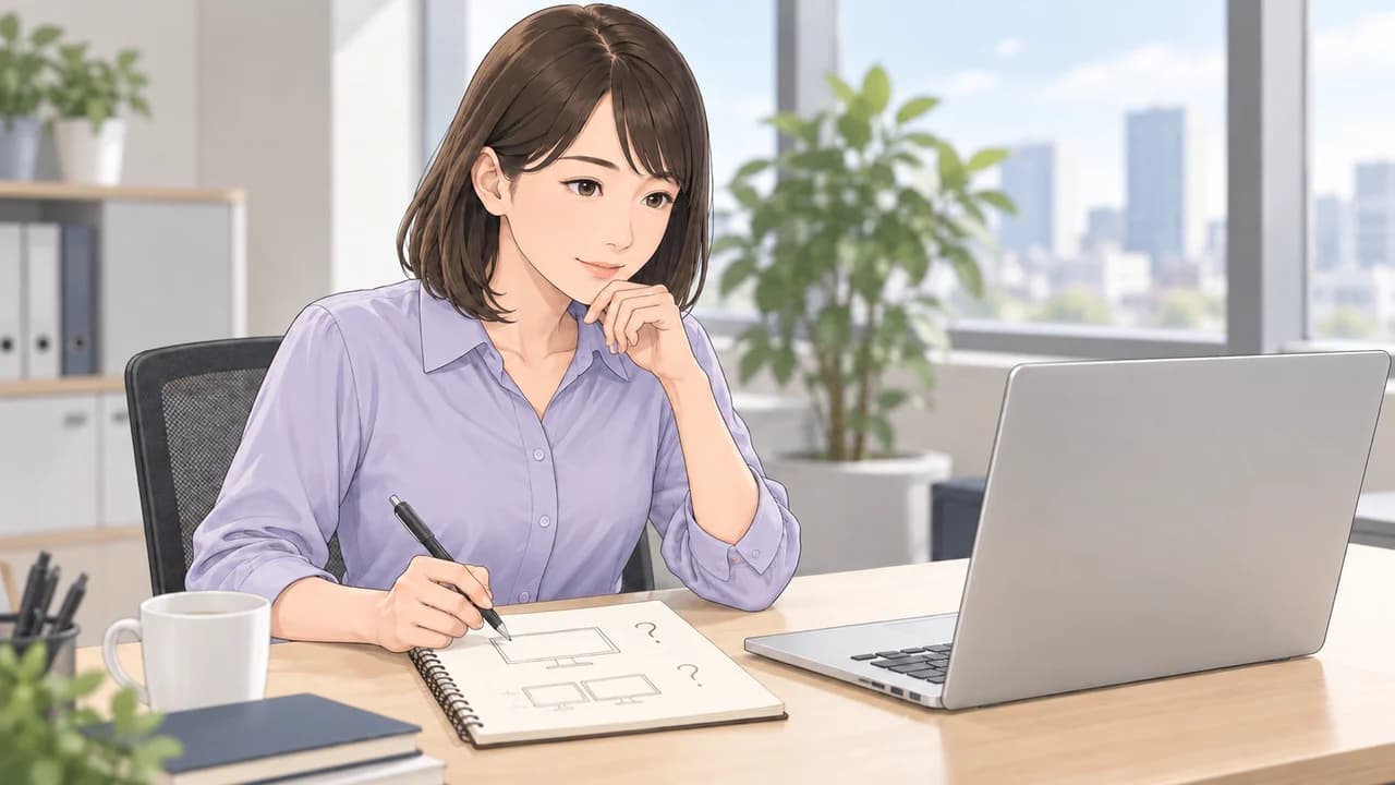 購入担当者が、モニターの用途や希望条件をノートに整理しながら購入を検討する場面