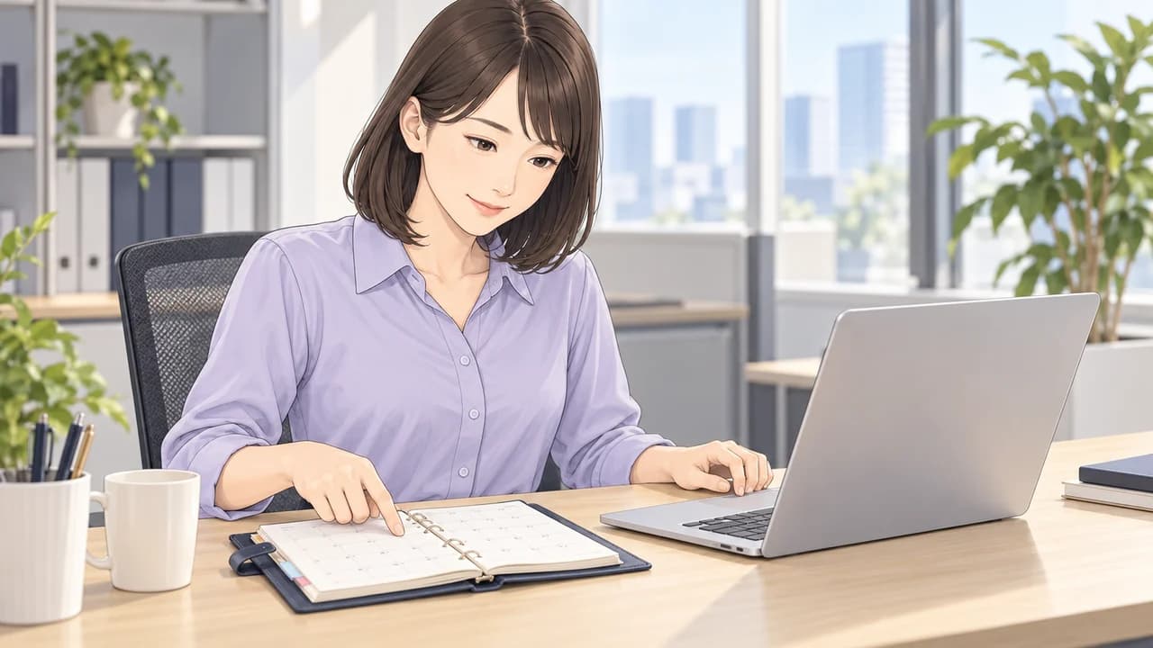 購入担当者が注文への回答と手帳の予定を確認し、商品の受け取りに備える場面