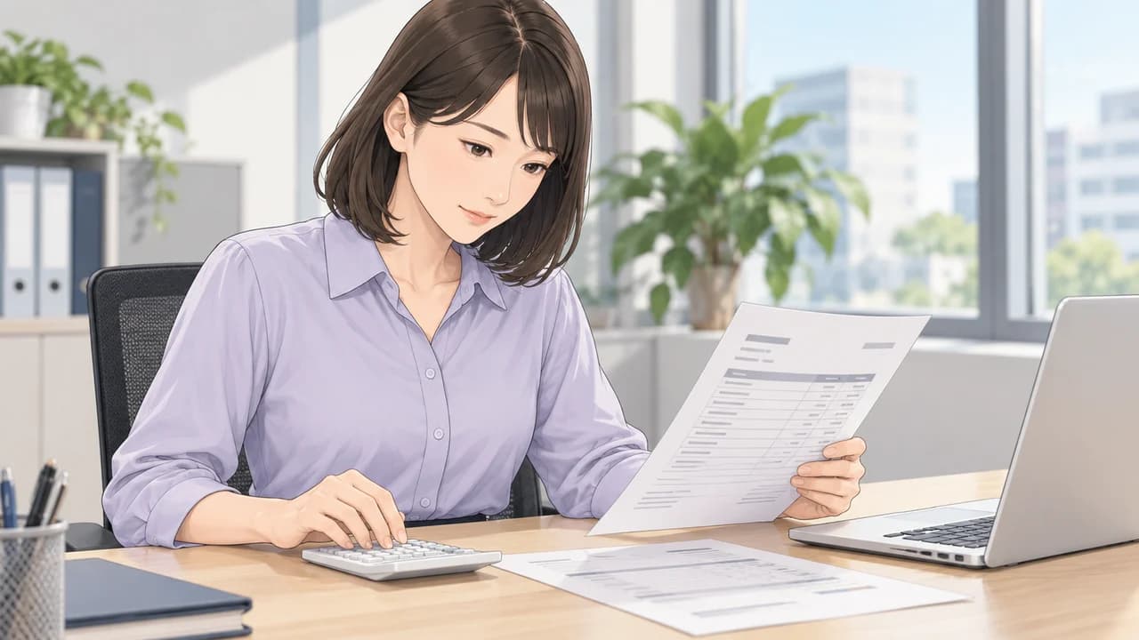 購入担当者が届いた見積書を読み、電卓で予算に合うか検討する場面