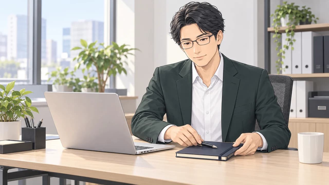 販売担当者が自分の机で通常の業務の準備をする場面。この取引の問い合わせはまだ届いていません