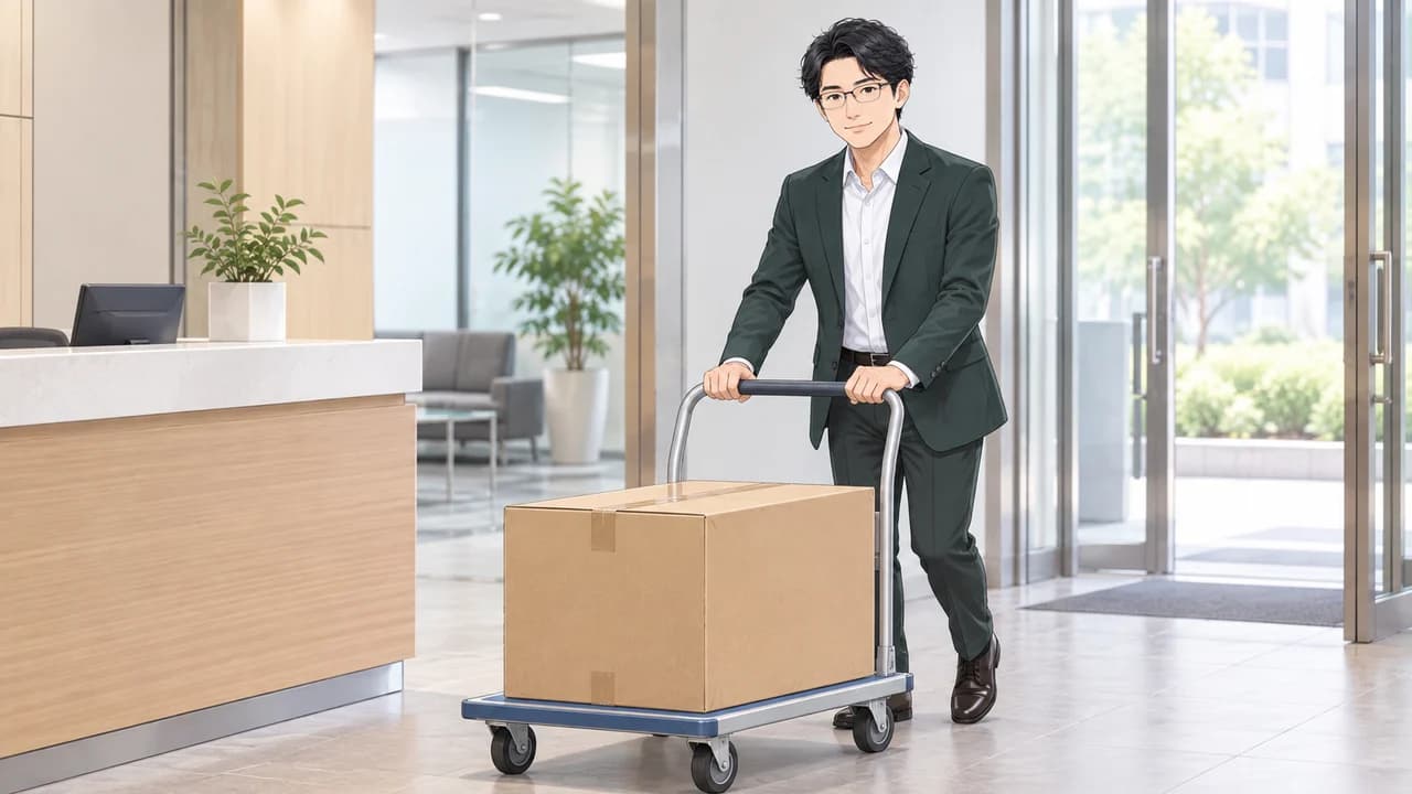 販売担当者が、モニターの箱を台車に載せて届ける場面。配送する荷物の一部を描写