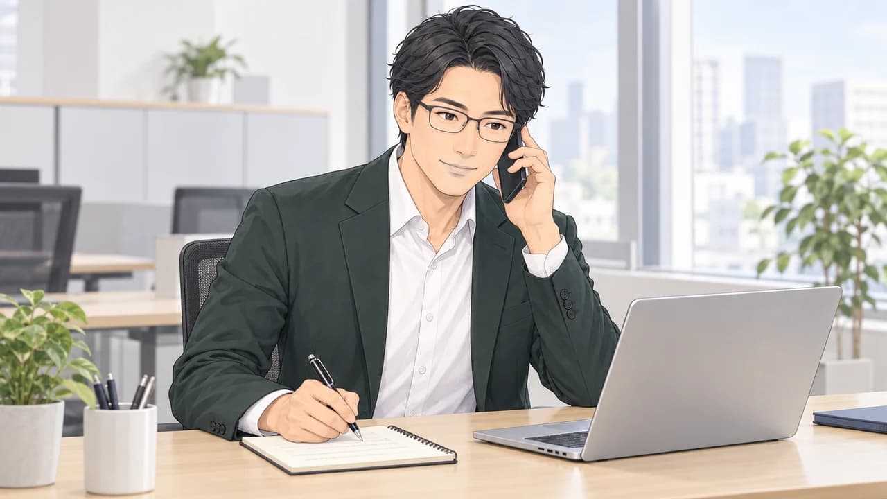 眼鏡と濃緑のジャケットの販売担当者が、電話で希望条件を聞きながらメモする場面