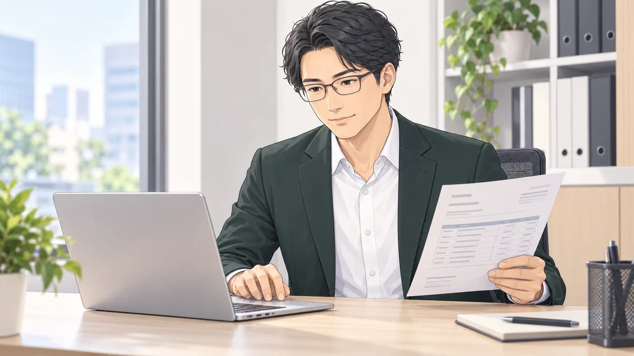 販売担当者が請求内容を確認し、パソコンで請求書を送る場面
