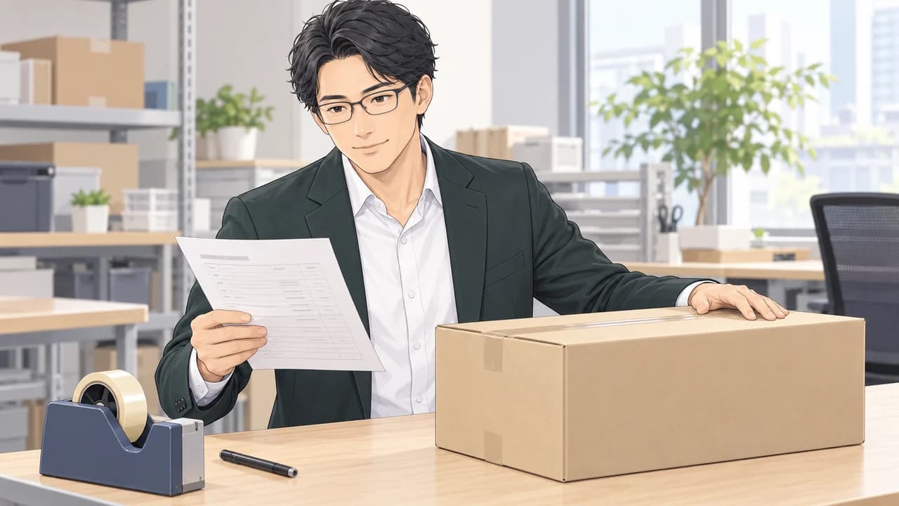 販売担当者が商品と手配の記録を確認し、納品の準備をする場面。荷物の一部を描写