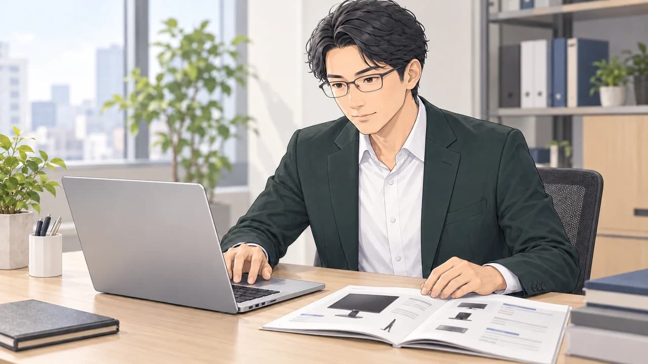 販売担当者がモニターの資料を参照し、パソコンで見積を作成する場面