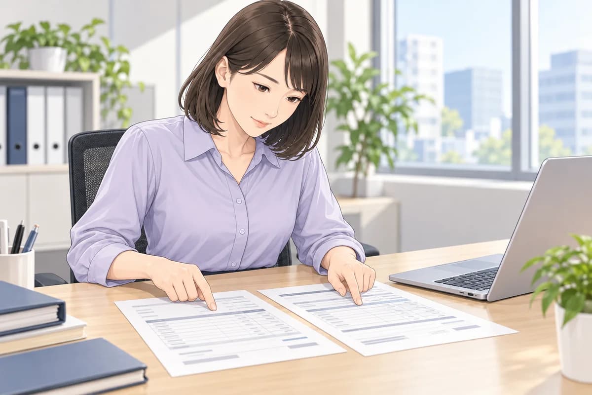〇△商事の購入担当者が、社内で承認された記録と見積書・発注書の内容を照合する場面。
