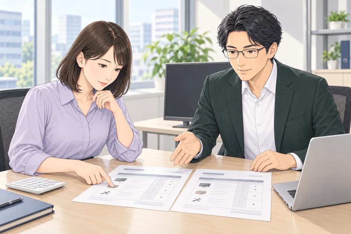 担当者が机上の二つの見積と同じモニターを見比べる場面。