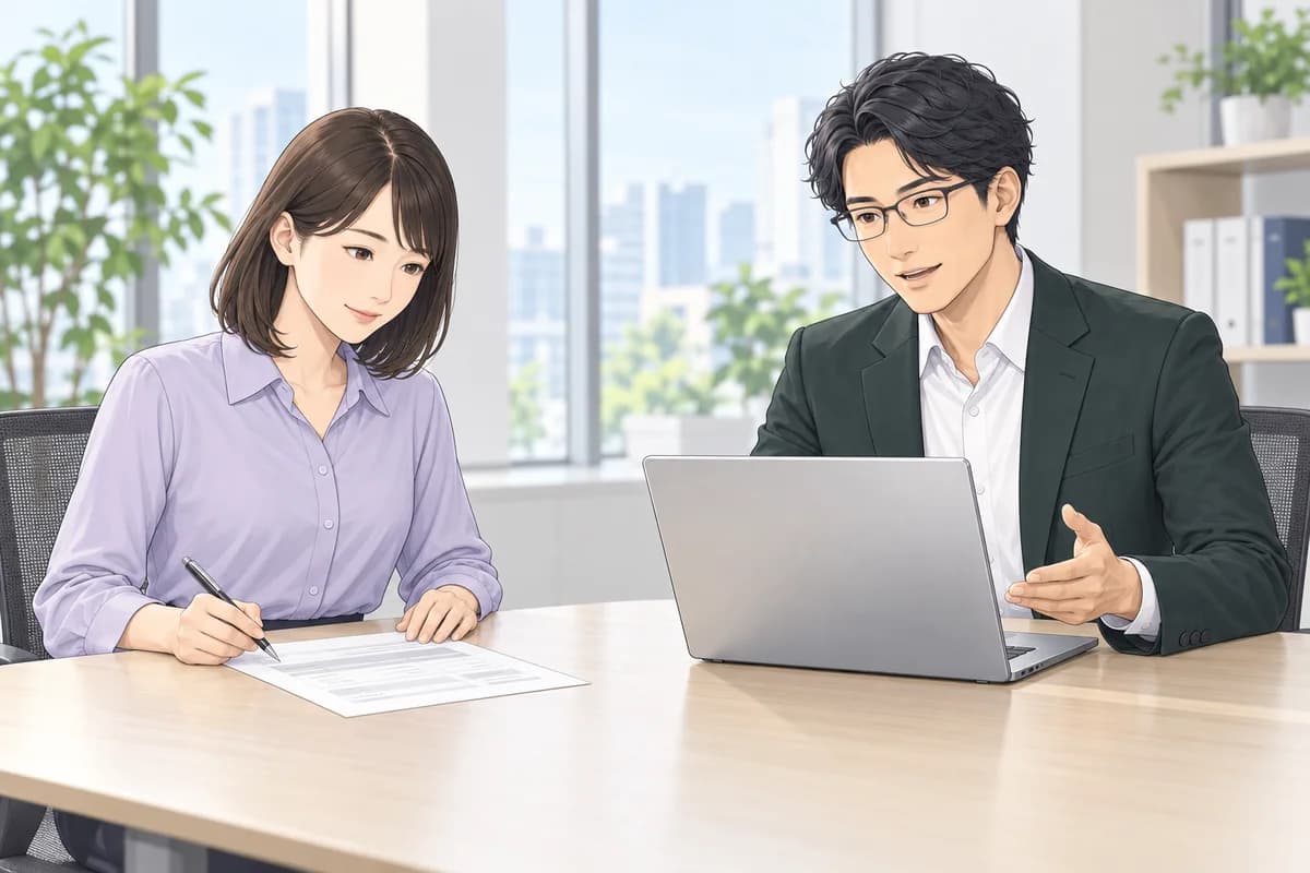 購入担当が紙の希望条件を確認し、ノートパソコンを使う販売担当に見積条件を相談する場面。