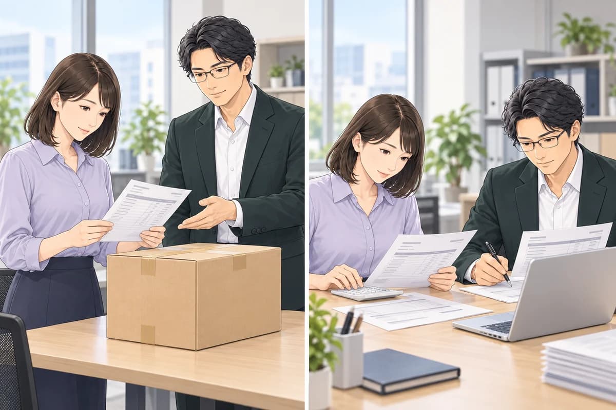 モニターの荷物を届ける場面と、代金の請求を伝える場面の対比。