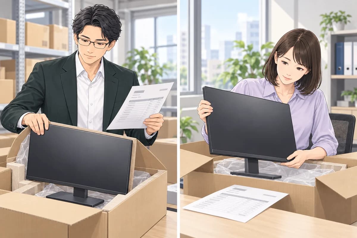 販売側が出荷内容を記録し、購入側が開封して注文内容と照合する場面。