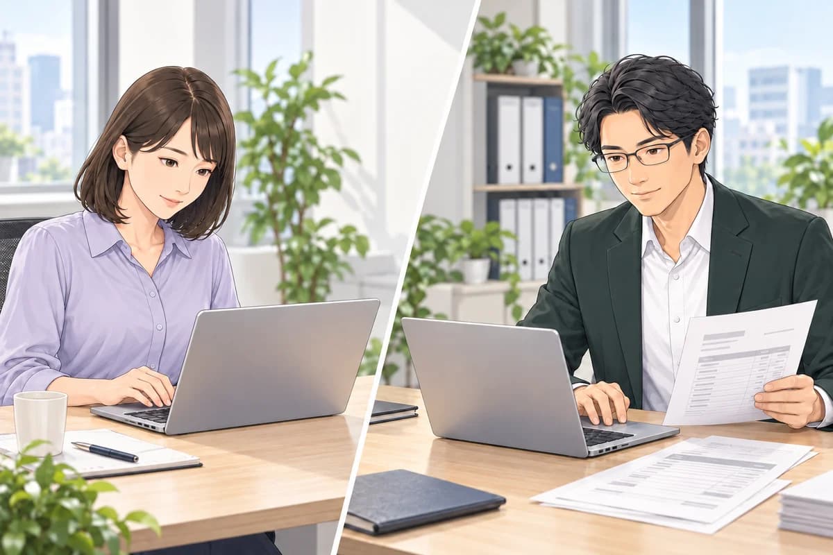 メール添付の取引書類を受け取る手元と、送る手元を並べた場面。