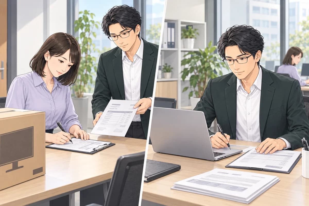 箱・品物を受け取る場面と、代金を受け取った記録を残す場面の対比。