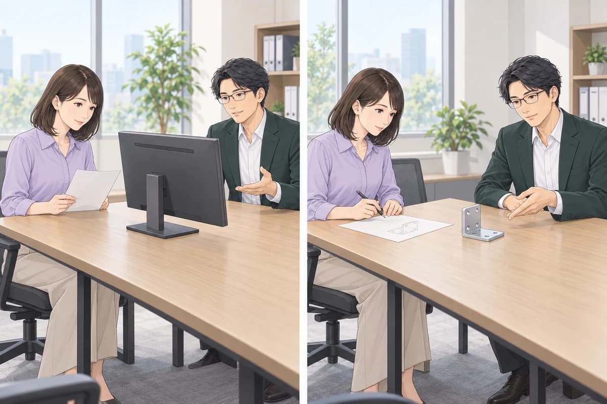 完成したモニターを買う場面と、部品を加工する仕事を依頼する場面の対比。