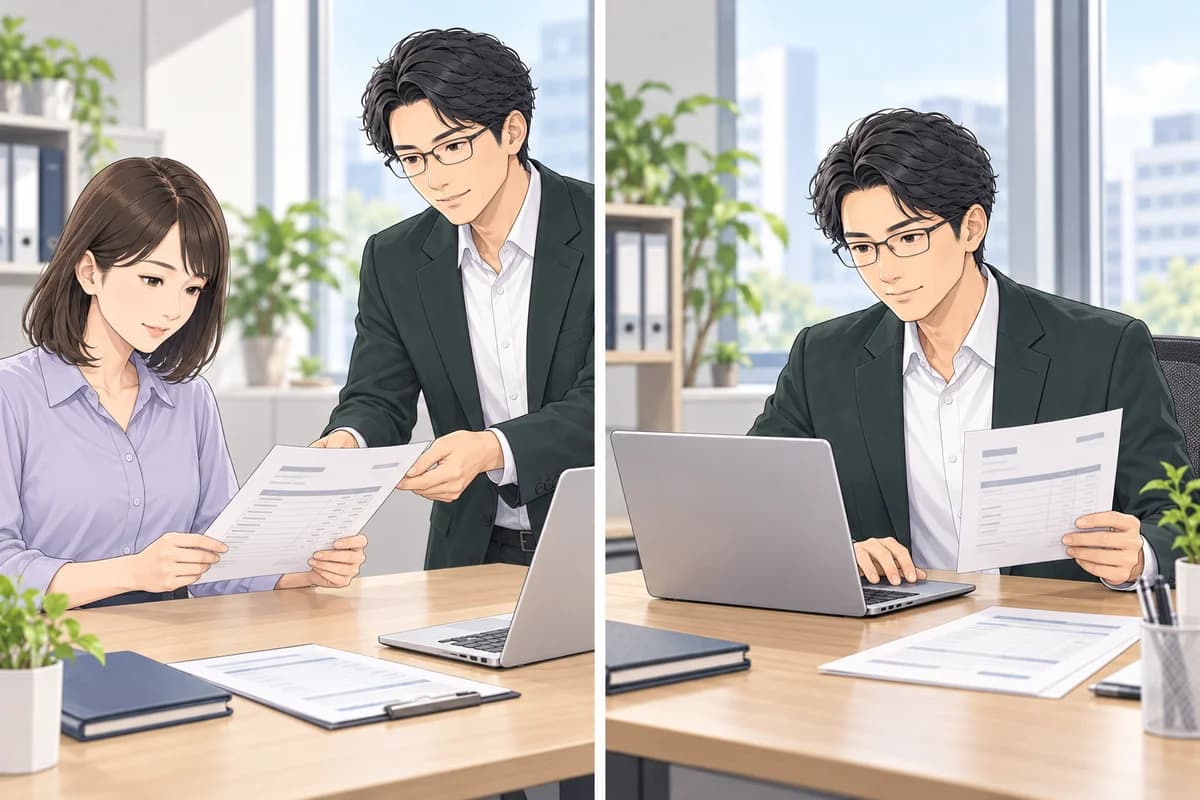代金を請求する場面と、代金を受け取って領収の記録を残す場面の対比。