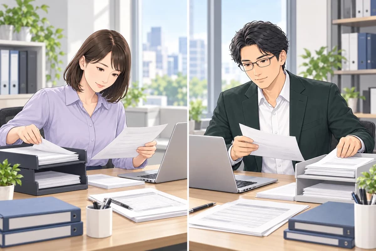 担当者たちが紙とPDFの受け取り方、保存場所、確認・承認の役割を整理する場面。