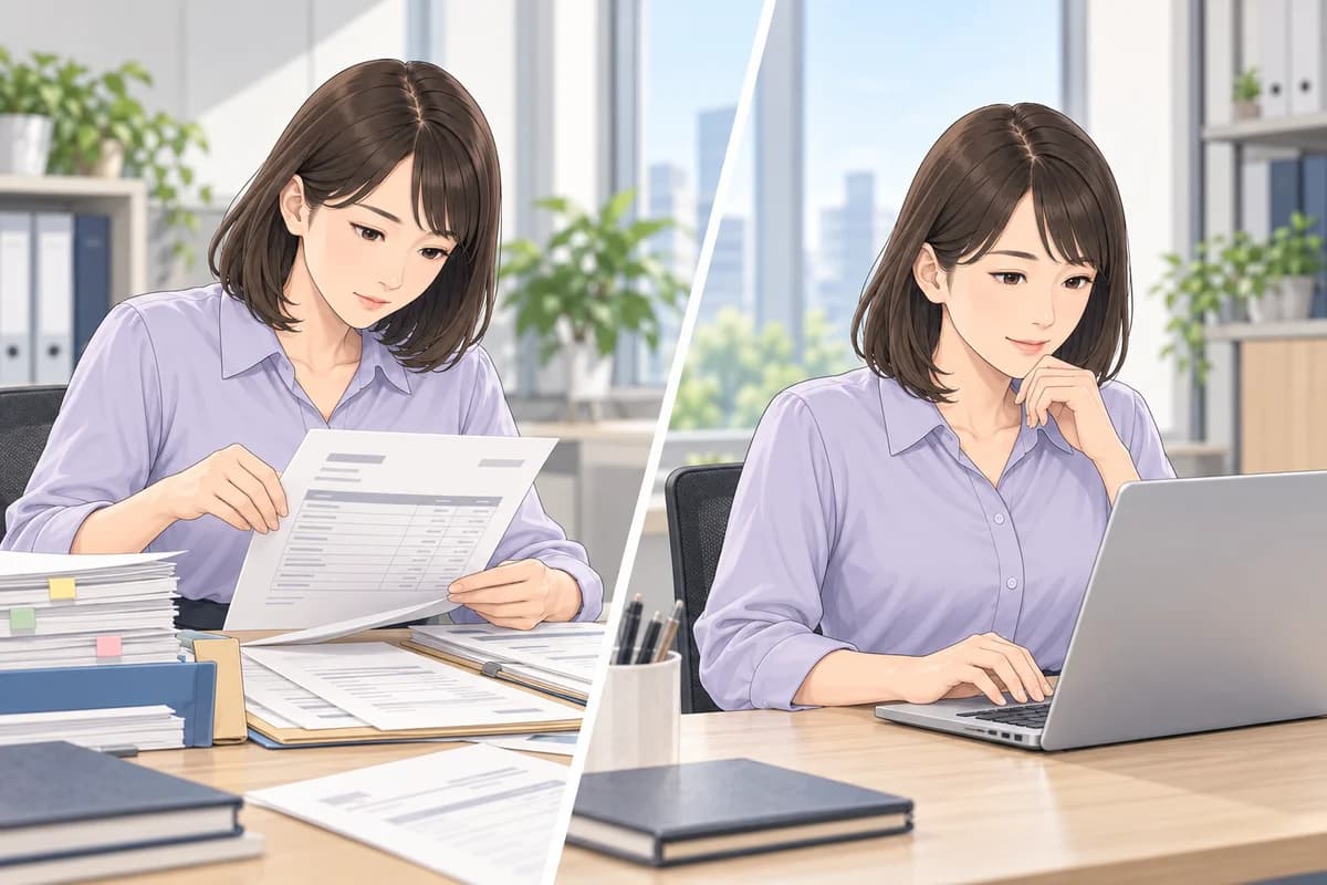 同じ担当者が、紙の請求書ファイルと電子の保存場所から同じ取引を探す二つの場面。
