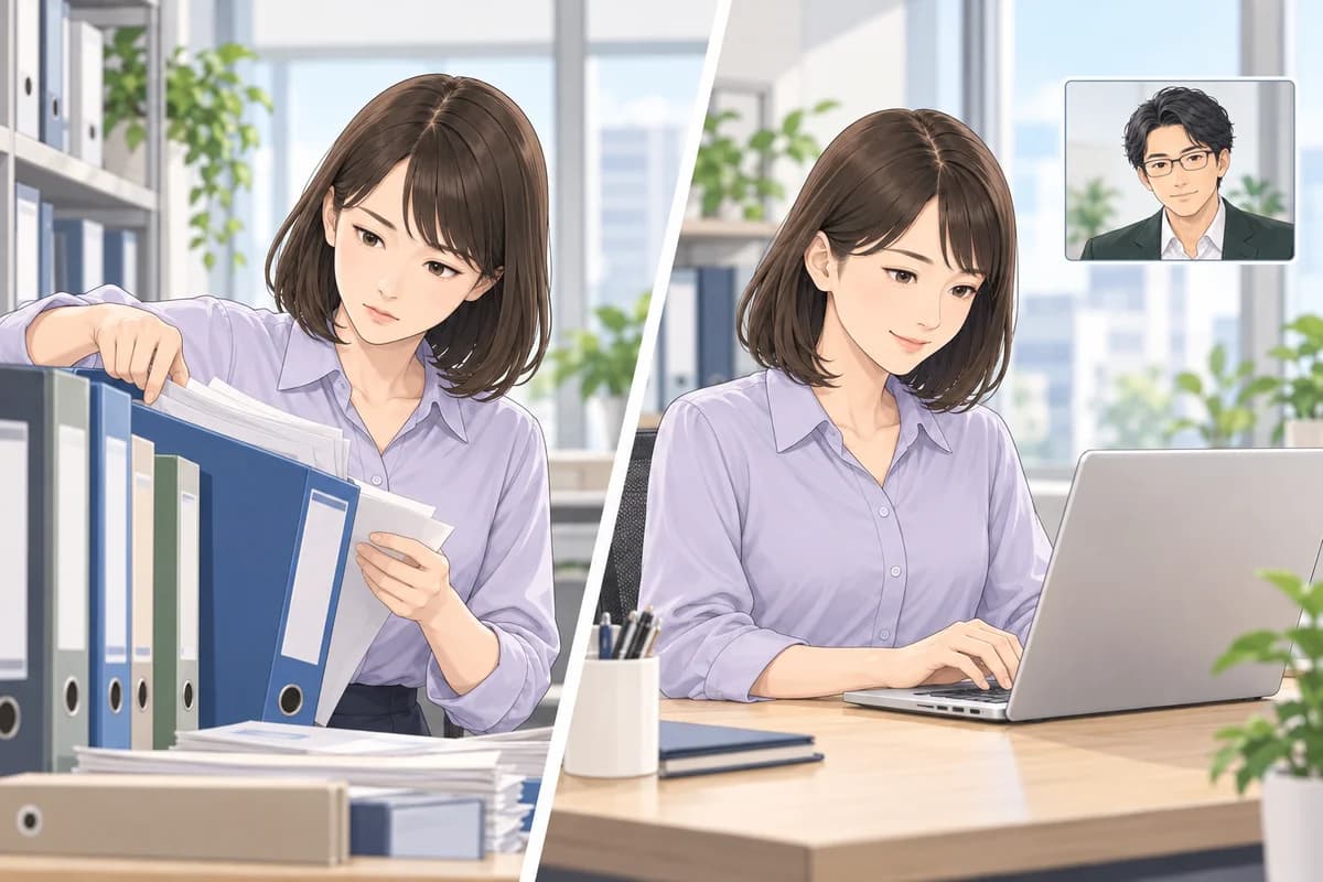 紙の保管ファイルを探す担当者と、共有場所のPDFを探す担当者を同じ視点で並べた場面。