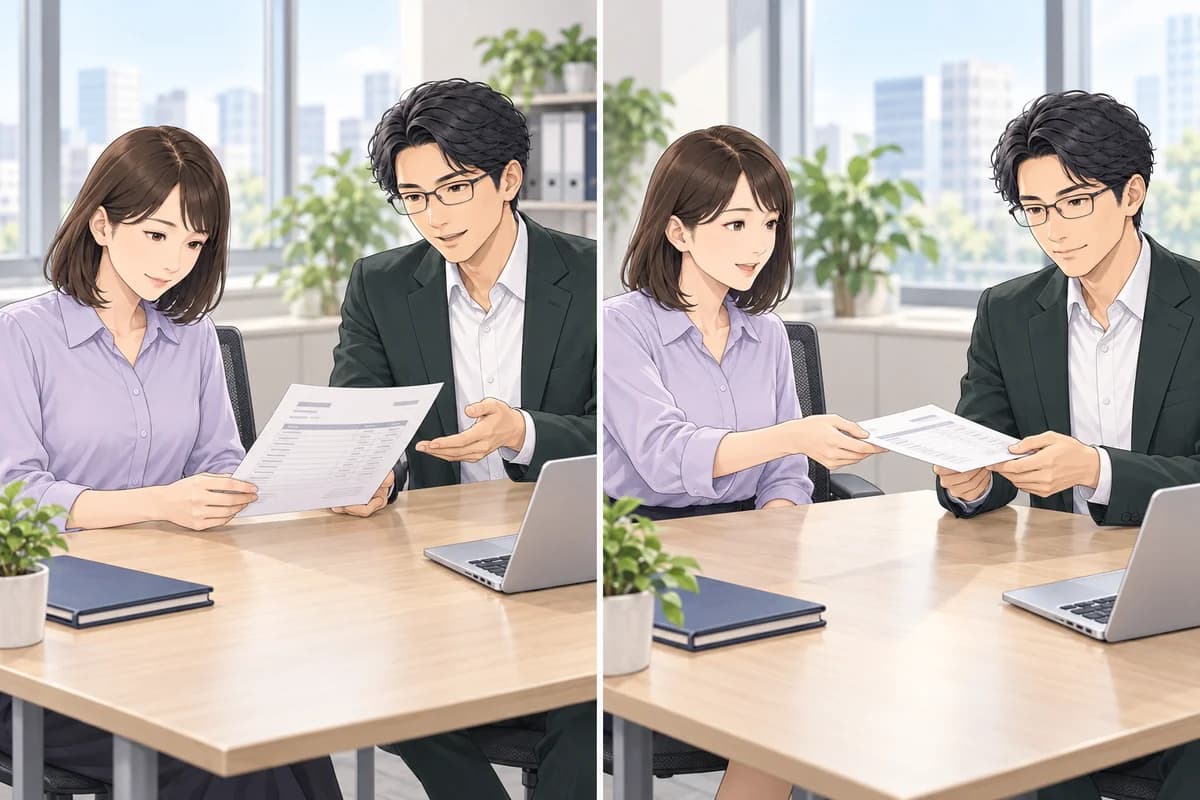 販売担当による見積の提示と、購入担当による注文の二つの場面。