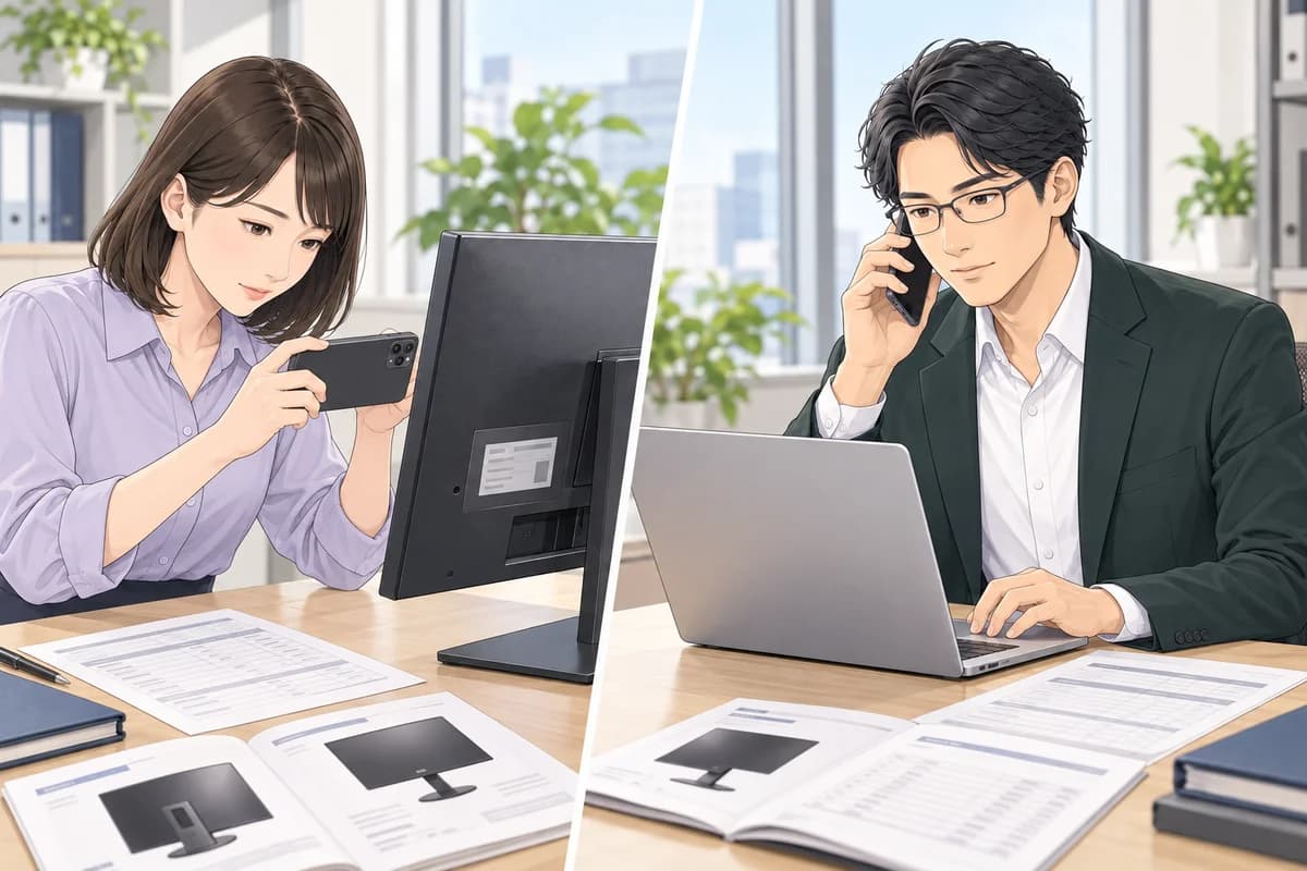 担当者が異なるモニターと注文記録を前に、相違点を記録して連絡する場面。
