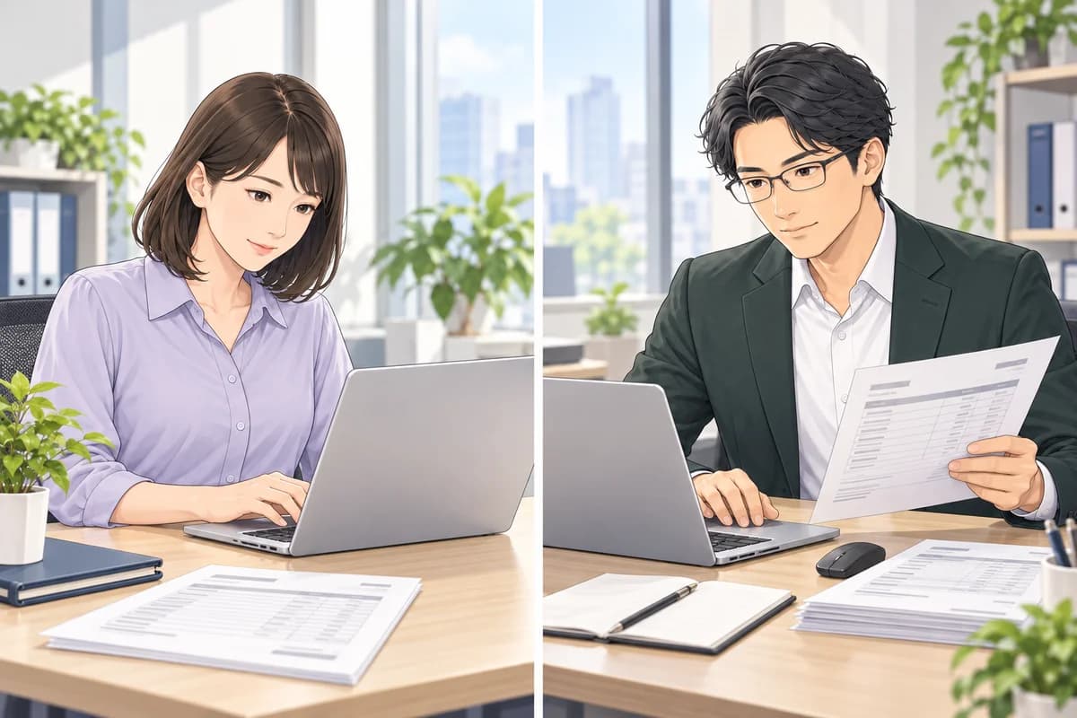 購入担当と販売担当が、依頼内容と見積回答の資料をやり取りする場面。