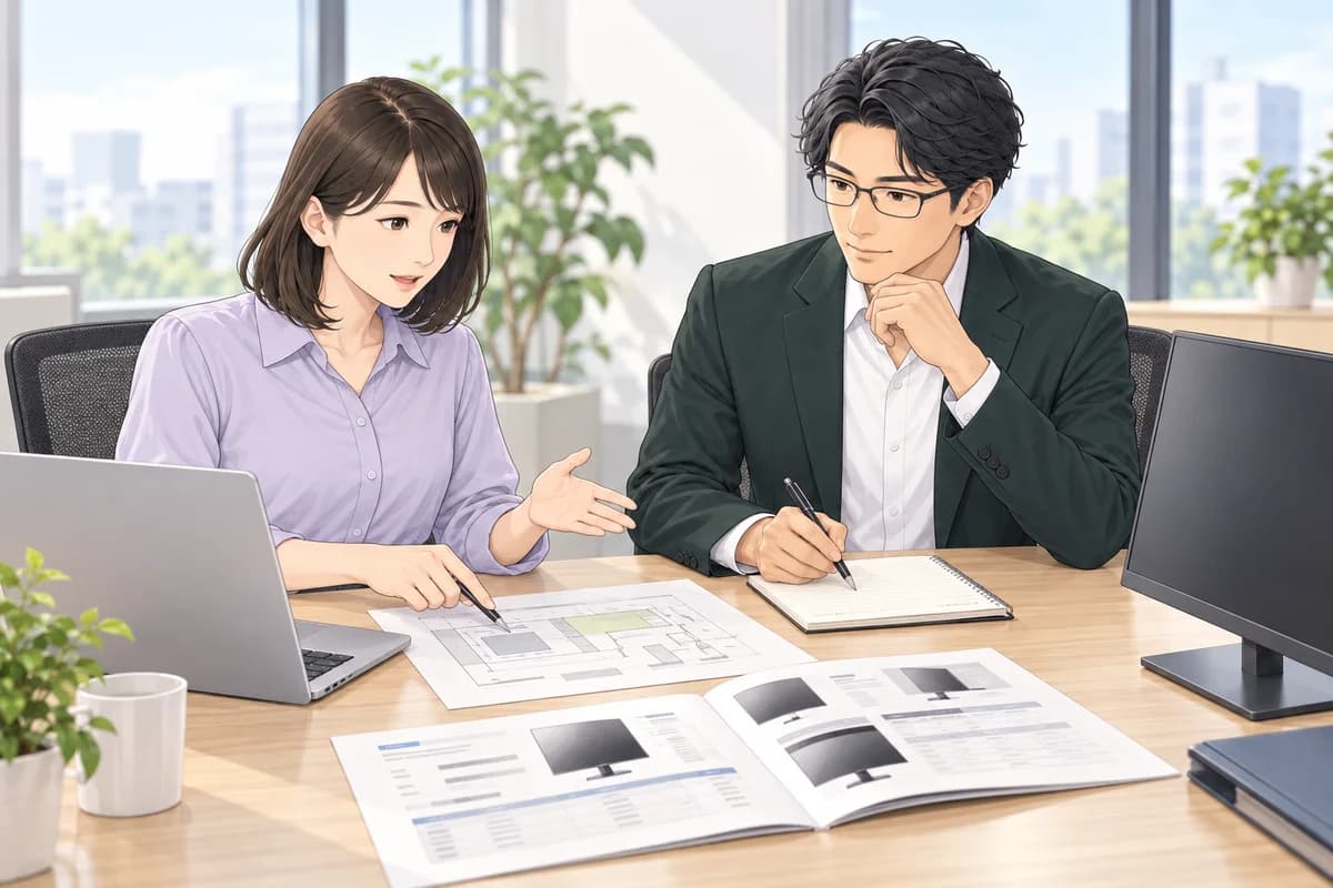 販売担当がメモを取り、モニターや納品先の資料を見ながら購入条件を聞き取る場面。