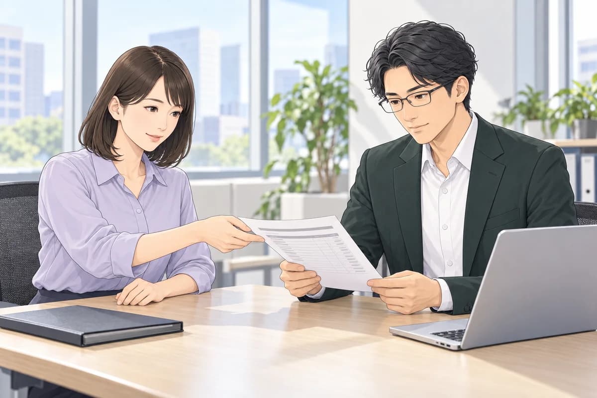 購入担当から販売担当へ、選んだ商品の注文内容を渡す場面。