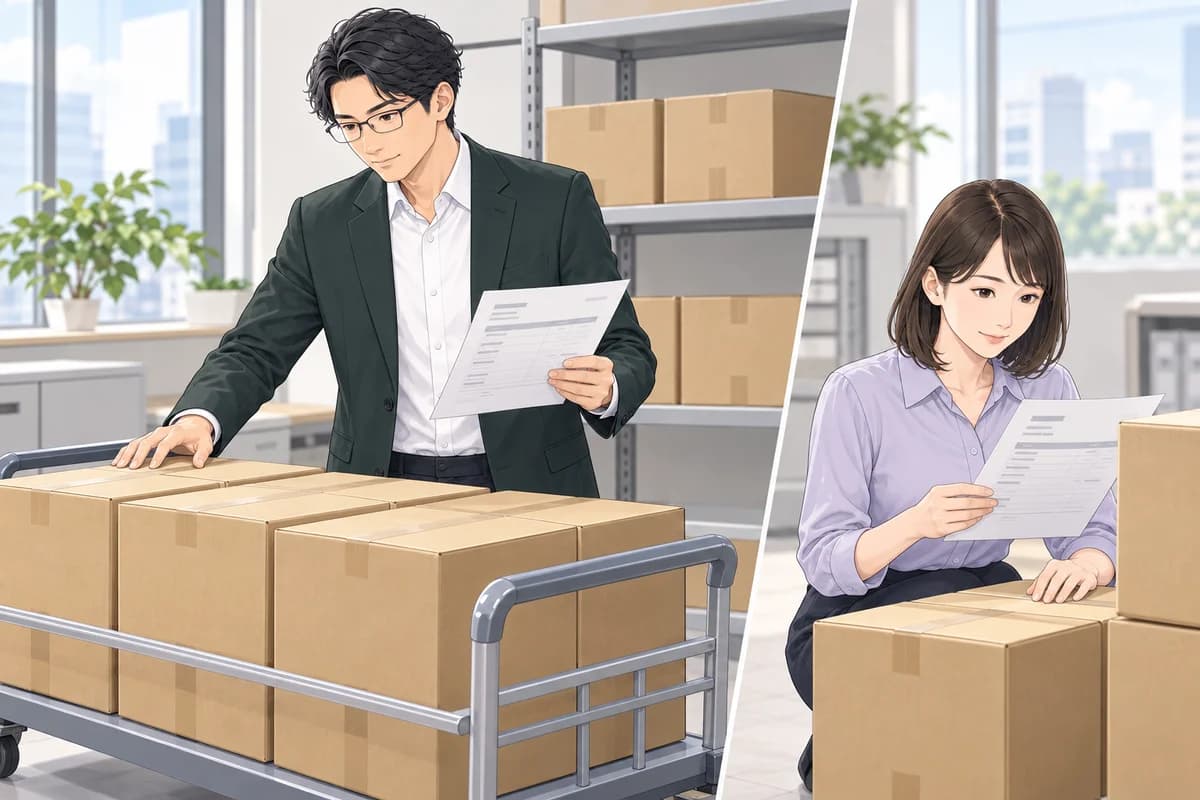 出荷分と残りの荷物を分けて確認する場面。図では10台を今回納品6台と未納品4台に分けています。