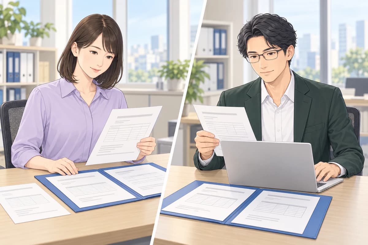 担当者が注文書、請求書、条件変更の記録を一つの取引として整理する場面。