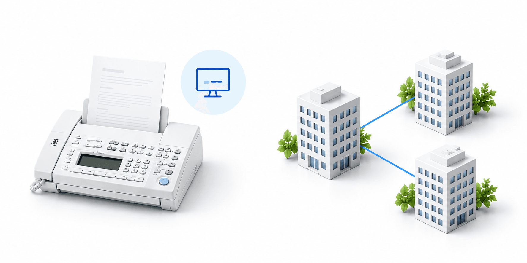 用紙をセットした白いFAX機とWeb利用を表すパソコン