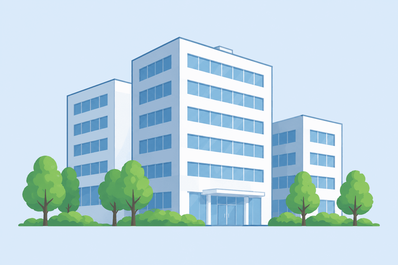 複数のオフィスビルと街路樹のイラスト