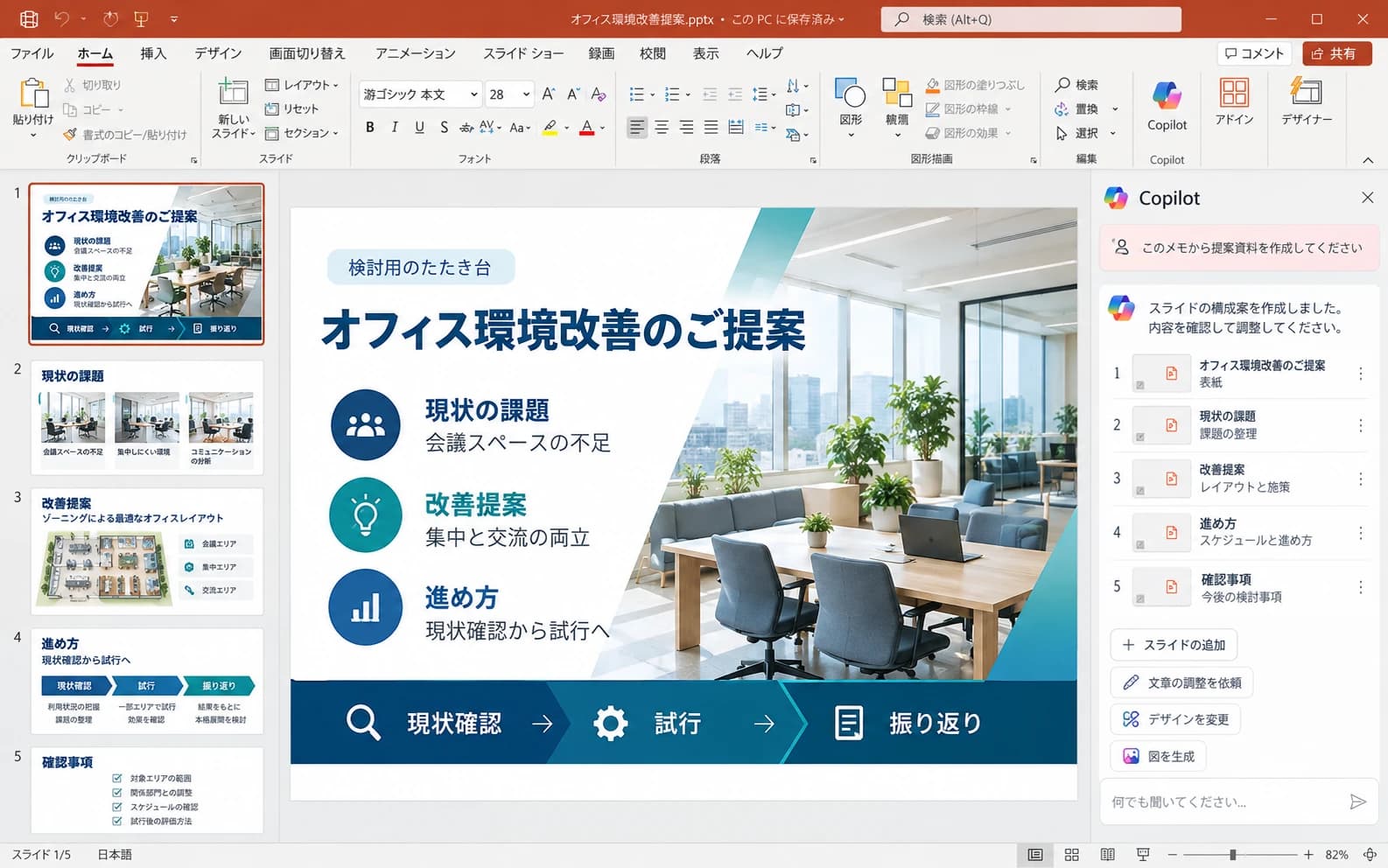 PowerPointでオフィス環境改善の提案資料を開き、スライド一覧とCopilotの作成支援を確認する日本語の利用イメージ