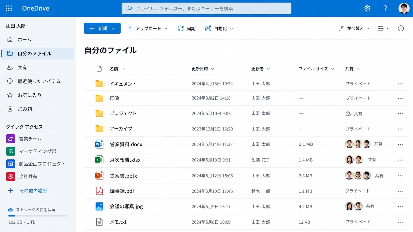 OneDriveの日本語の業務画面の利用イメージ