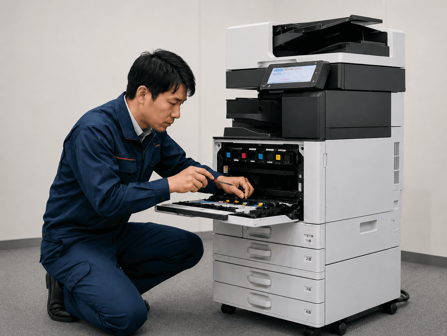 複合機を点検する技術者